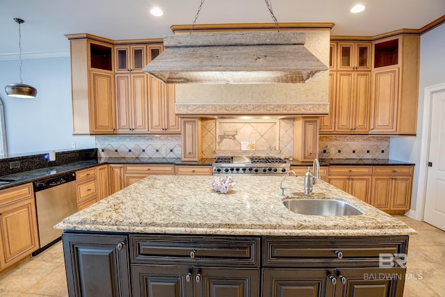 kitchen with dishwasher, light stone counters, and sink