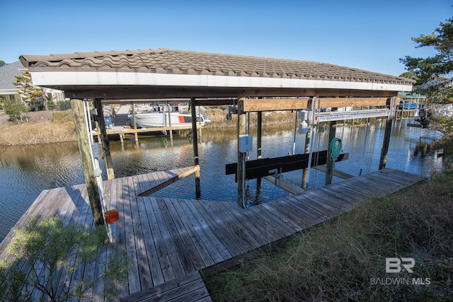 view of dock with a water view