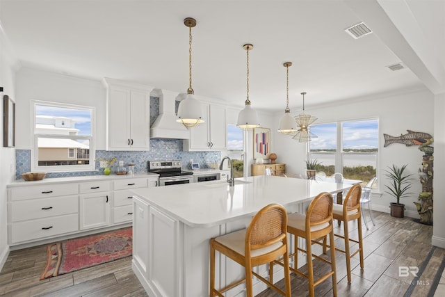 2764 W Beach Blvd, Gulf Shores, AL 36542 - kitchen with custom range hood, stainless steel range with electric stovetop, decorative backsplash, an island with sink, and light countertops