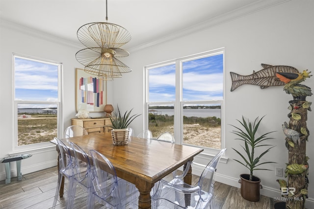 2764 W Beach Blvd, Gulf Shores, AL 36542 - dining room with a chandelier, crown molding, light wood-style floors, and a water view