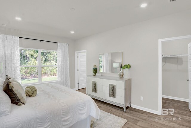 bedroom featuring a walk in closet and hardwood / wood-style flooring