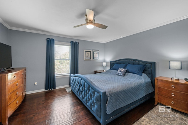 bedroom with ceiling fan, crown molding, and dark wood-type flooring