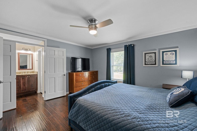 bedroom featuring ensuite bath, ceiling fan, sink, dark hardwood / wood-style flooring, and crown molding