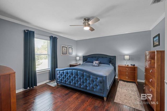 bedroom with ceiling fan, dark hardwood / wood-style floors, and ornamental molding