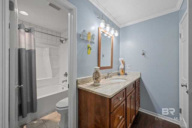 full bathroom with vanity, crown molding, shower / bath combo with shower curtain, wood-type flooring, and toilet