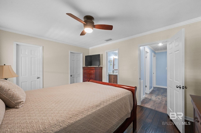 bedroom with ensuite bathroom, crown molding, ceiling fan, and dark wood-type flooring