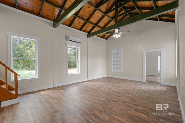 unfurnished living room with beamed ceiling, high vaulted ceiling, a wall mounted AC, plenty of natural light, and wood ceiling