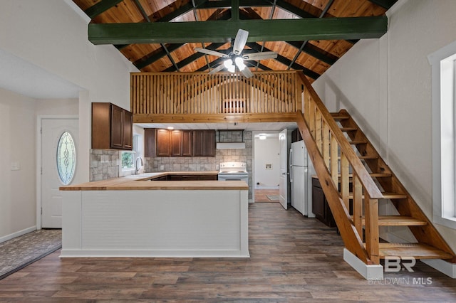 kitchen with decorative backsplash, beamed ceiling, high vaulted ceiling, and dark wood-type flooring