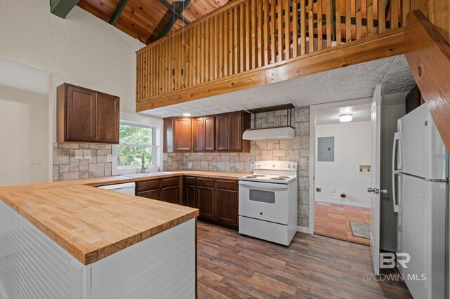 kitchen with wood counters, decorative backsplash, white appliances, and wood ceiling