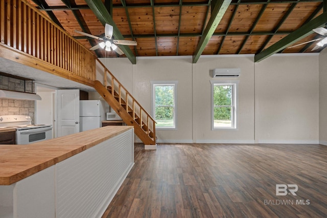 kitchen with dark hardwood / wood-style flooring, white appliances, a wall mounted AC, wooden ceiling, and butcher block countertops