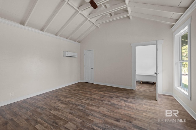 empty room with plenty of natural light, high vaulted ceiling, and a wall mounted air conditioner