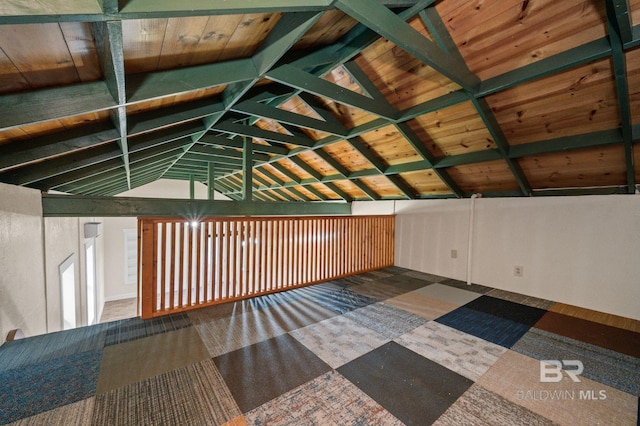 additional living space featuring vaulted ceiling with beams, wooden ceiling, and wooden walls