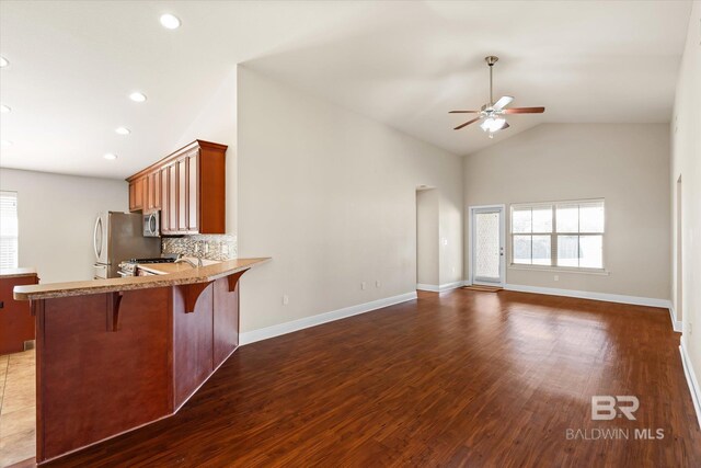 kitchen featuring ceiling fan, stainless steel appliances, dark wood-type flooring, kitchen peninsula, and vaulted ceiling