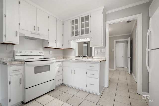 963 Shady Brook Dr, Mobile, AL 36606 - kitchen featuring white appliances, under cabinet range hood, ornamental molding, a sink, and light tile patterned flooring