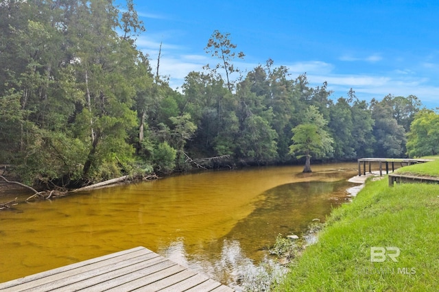 dock featuring a water view and a wooded view