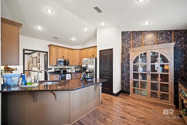 kitchen with dark stone counters, sink, appliances with stainless steel finishes, light hardwood / wood-style floors, and kitchen peninsula