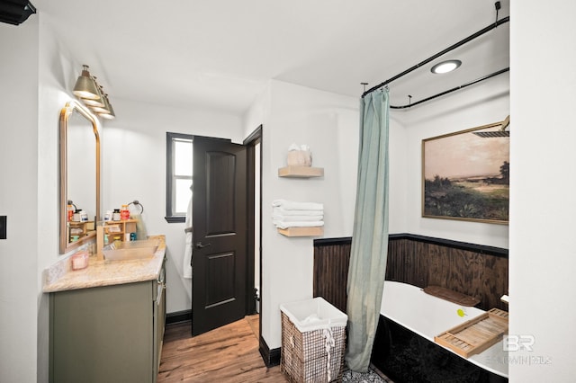 bathroom featuring hardwood / wood-style floors and vanity