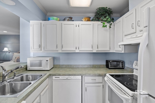 kitchen with white cabinetry, sink, white appliances, and ornamental molding