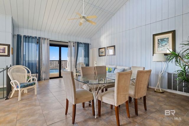 dining room with ceiling fan, high vaulted ceiling, and wooden ceiling