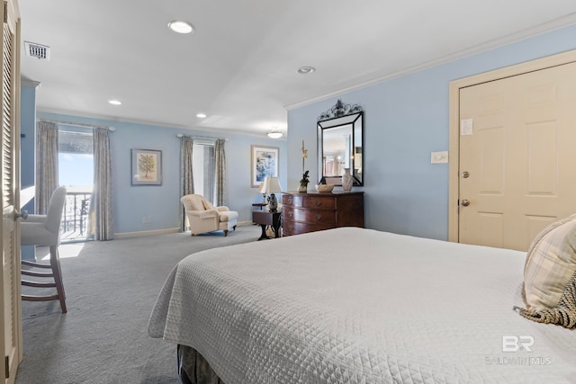 carpeted bedroom featuring access to exterior and crown molding