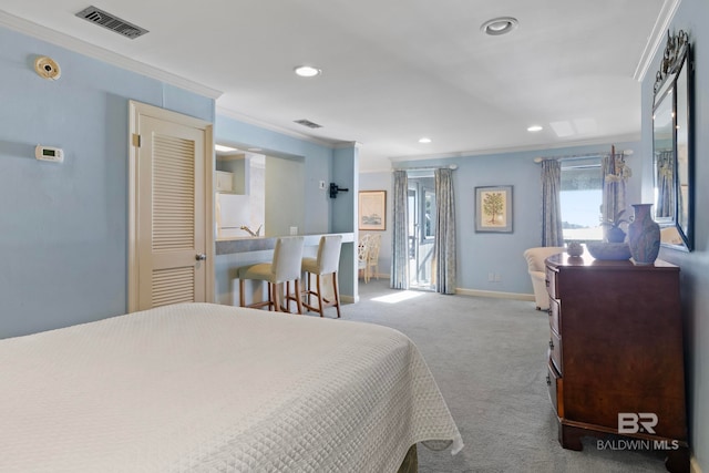 carpeted bedroom with crown molding