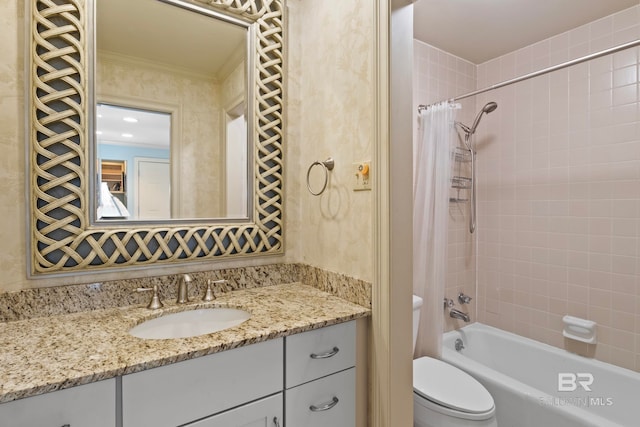 full bathroom featuring vanity, shower / bath combo, and toilet