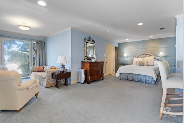 bedroom featuring light carpet, radiator heating unit, and crown molding