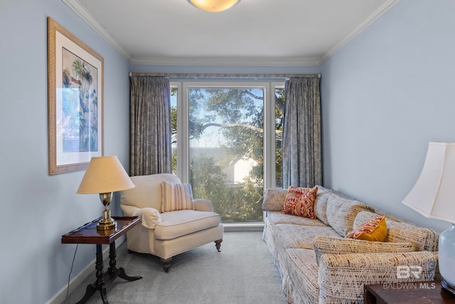 sitting room with light colored carpet and ornamental molding