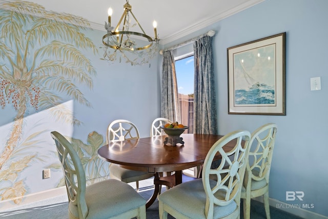 carpeted dining area featuring a chandelier and ornamental molding