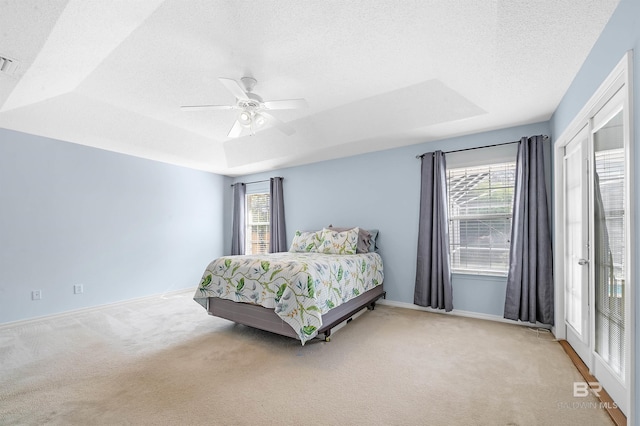 bedroom featuring a tray ceiling, multiple windows, and carpet