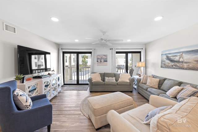 26115 Perdido Beach Blvd Unit 4-A, Orange Beach, AL 36561 - living room with recessed lighting, a ceiling fan, and wood finished floors