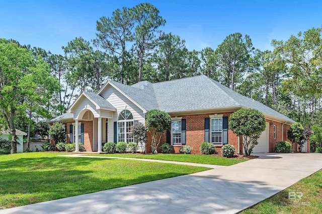 8954 Bay Point Dr, Elberta, AL 36530 - view of front of property featuring roof with shingles, a front lawn, brick siding, a garage, and driveway