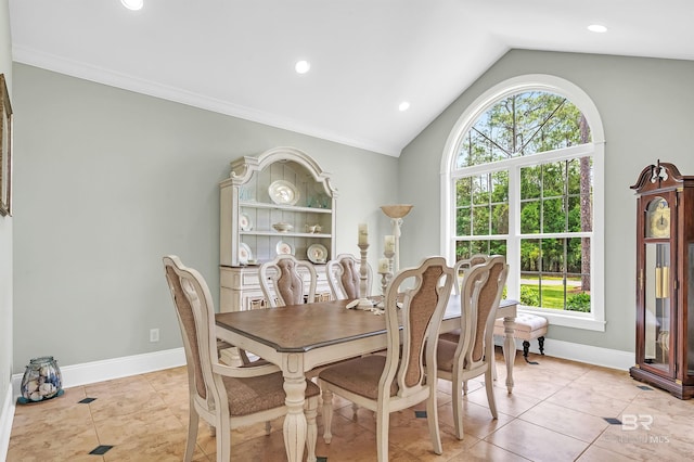 8954 Bay Point Dr, Elberta, AL 36530 - dining room with recessed lighting, baseboards, light tile patterned flooring, and lofted ceiling
