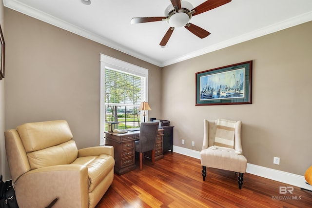 8954 Bay Point Dr, Elberta, AL 36530 - sitting room featuring baseboards, ornamental molding, ceiling fan, and wood finished floors