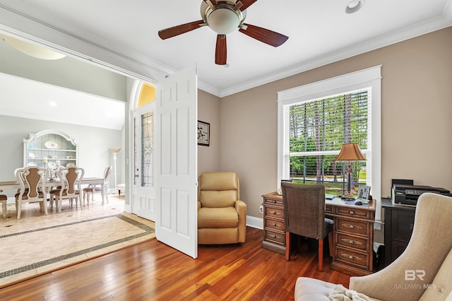 8954 Bay Point Dr, Elberta, AL 36530 - office space featuring baseboards, ornamental molding, ceiling fan, and hardwood / wood-style floors