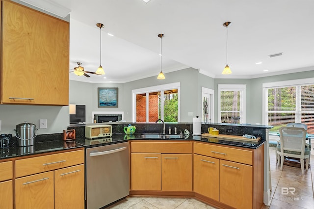 8954 Bay Point Dr, Elberta, AL 36530 - kitchen featuring light tile patterned flooring, a sink, dark stone counters, stainless steel dishwasher, and ornamental molding