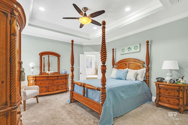 8954 Bay Point Dr, Elberta, AL 36530 - bedroom with carpet floors, a tray ceiling, visible vents, and crown molding