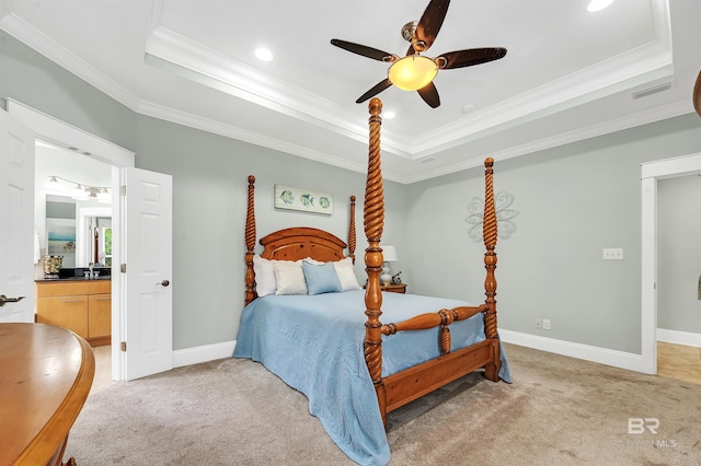 8954 Bay Point Dr, Elberta, AL 36530 - bedroom featuring light colored carpet, visible vents, ornamental molding, and a raised ceiling