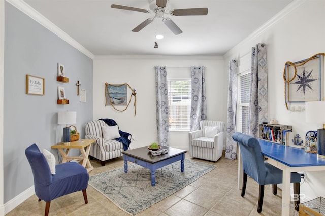 living room with crown molding, ceiling fan, and light tile patterned flooring