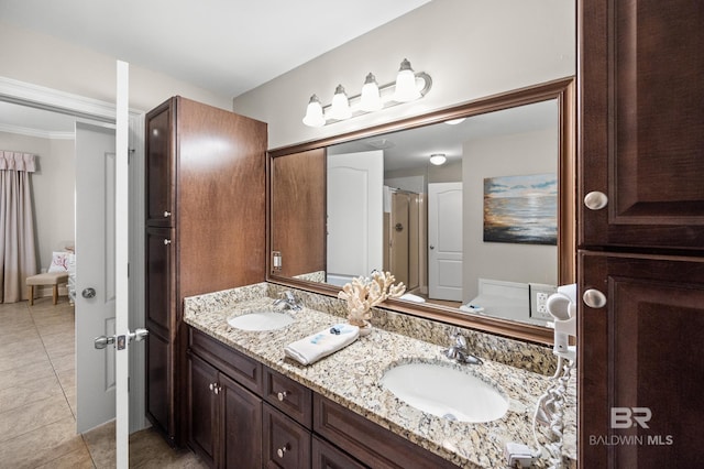23450 Perdido Beach Blvd Unit 2209, Orange Beach, AL 36561 - bathroom featuring double vanity, tile patterned flooring, a shower, and a bathtub
