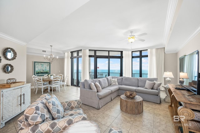 23450 Perdido Beach Blvd Unit 2209, Orange Beach, AL 36561 - living area with crown molding, a chandelier, light tile patterned floors, and a ceiling fan