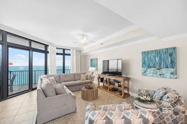 23450 Perdido Beach Blvd Unit 2209, Orange Beach, AL 36561 - living area with crown molding, light tile patterned flooring, a ceiling fan, and a wall of windows