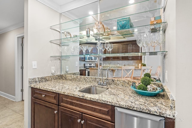 23450 Perdido Beach Blvd Unit 2209, Orange Beach, AL 36561 - indoor bar featuring appliances with stainless steel finishes, crown molding, backsplash, light tile patterned floors, and recessed lighting