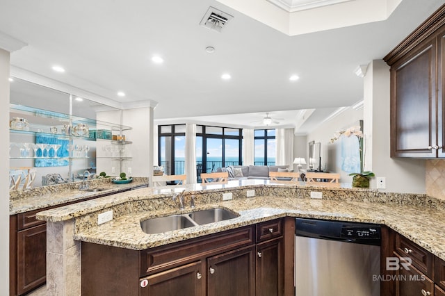 23450 Perdido Beach Blvd Unit 2209, Orange Beach, AL 36561 - kitchen featuring stainless steel dishwasher, crown molding, dark brown cabinetry, and recessed lighting