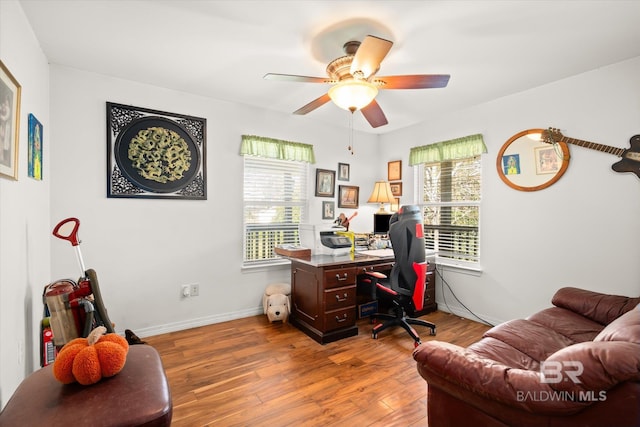 office area featuring light wood-type flooring and ceiling fan