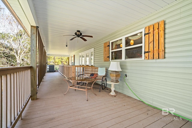 deck featuring ceiling fan and cooling unit