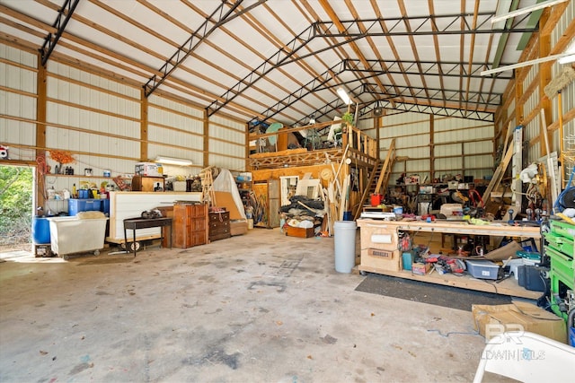 garage with a workshop area