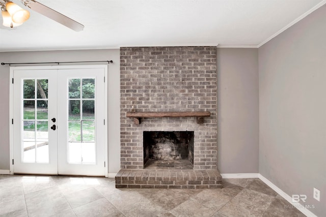 unfurnished living room with french doors, crown molding, brick wall, and light tile floors