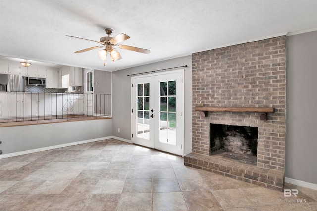 unfurnished living room with a fireplace, french doors, ceiling fan, and light tile floors