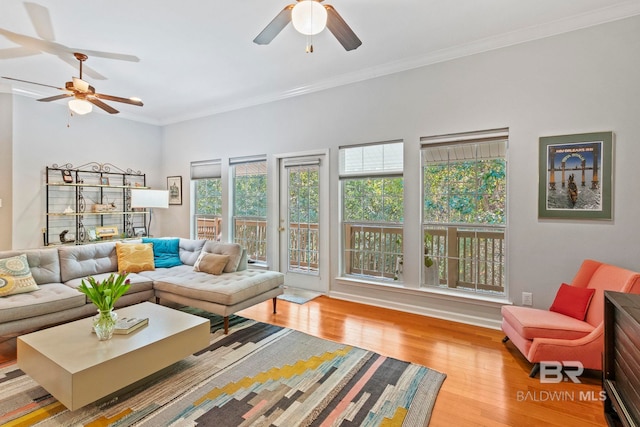 living room with ornamental molding, light wood-type flooring, and ceiling fan